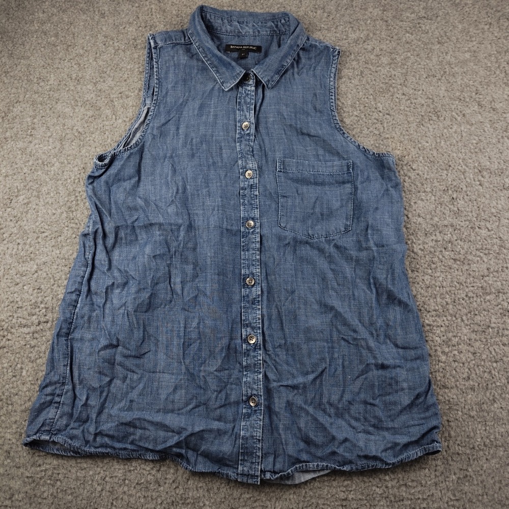 Banana Republic Tunic Top Button Up Shirt Sz Medium Sleeveless Blue Chambray EUC